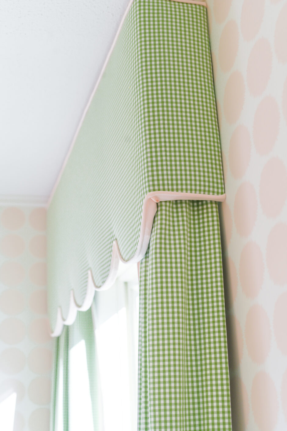 gingham curtains pink and green