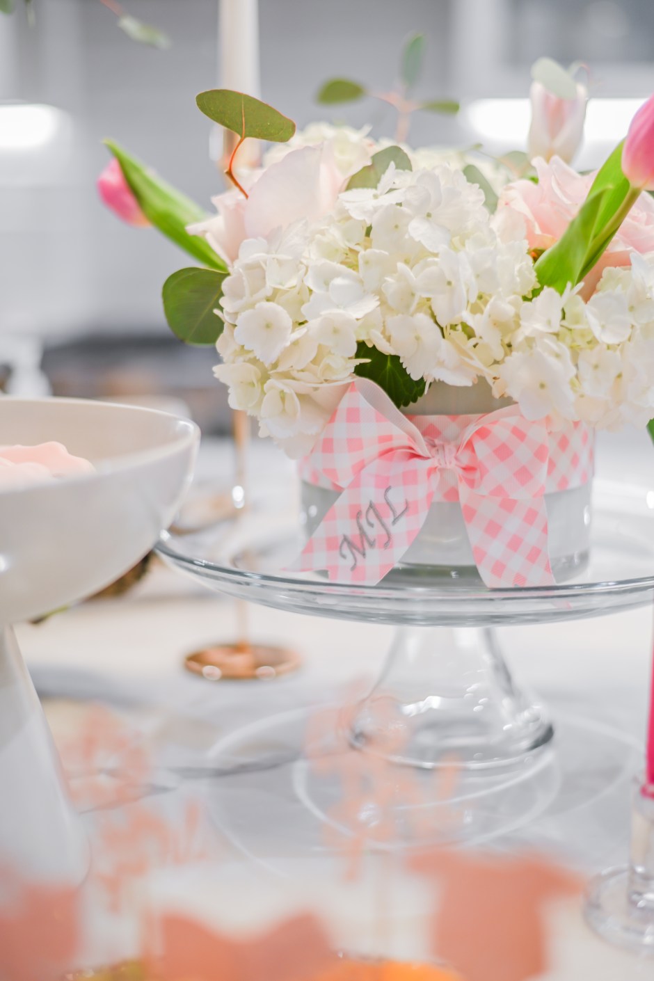 monogrammed floral arrangements pink