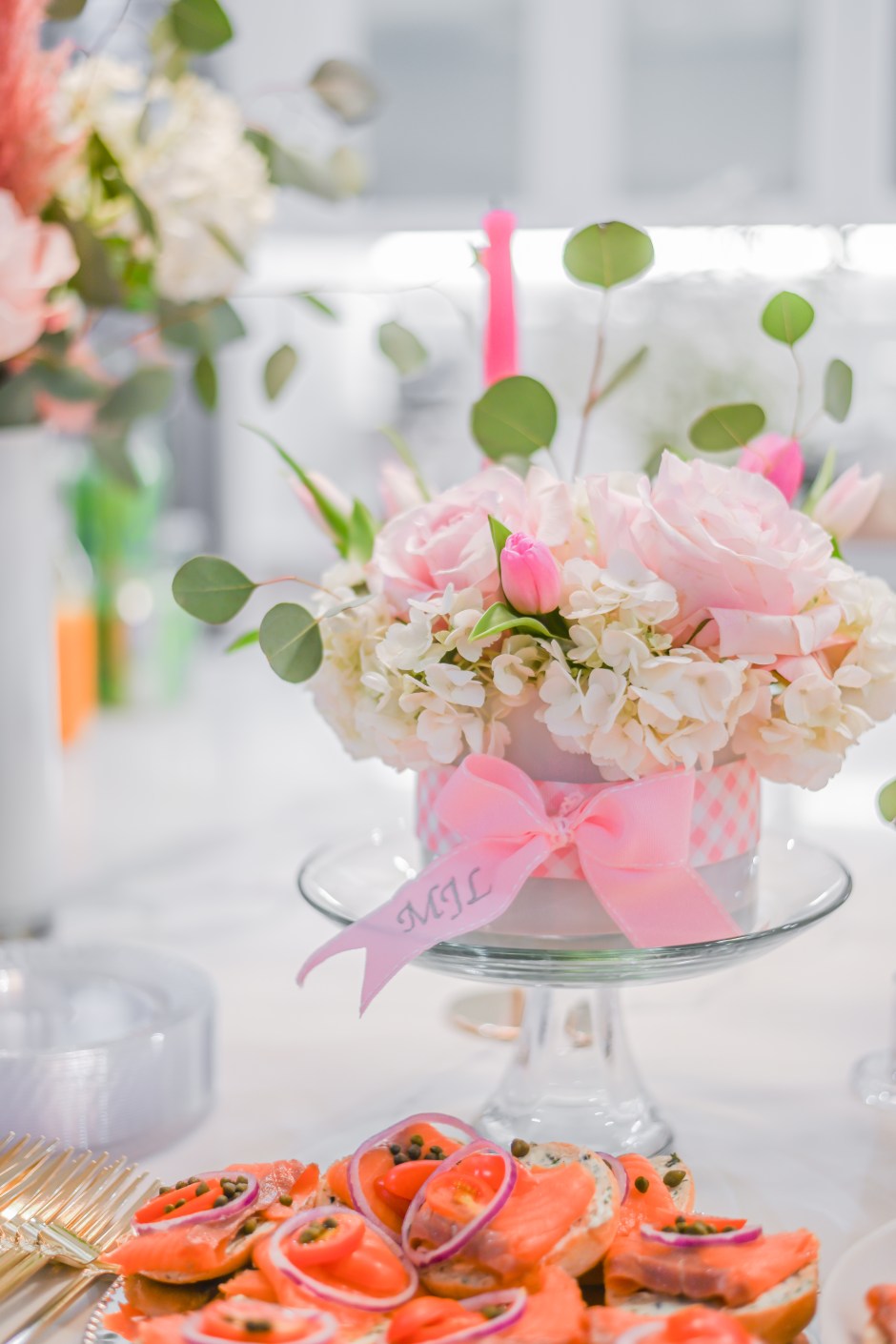 pink floral bouquet sip and see